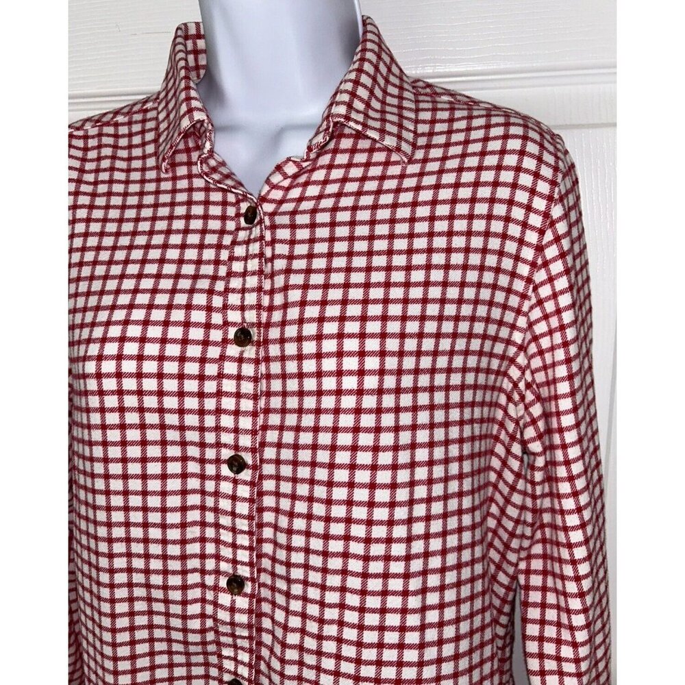 Lands End Sz 8T TALL Blouse Red White Plaid Flannel Shirt 100% Cotton EUC
